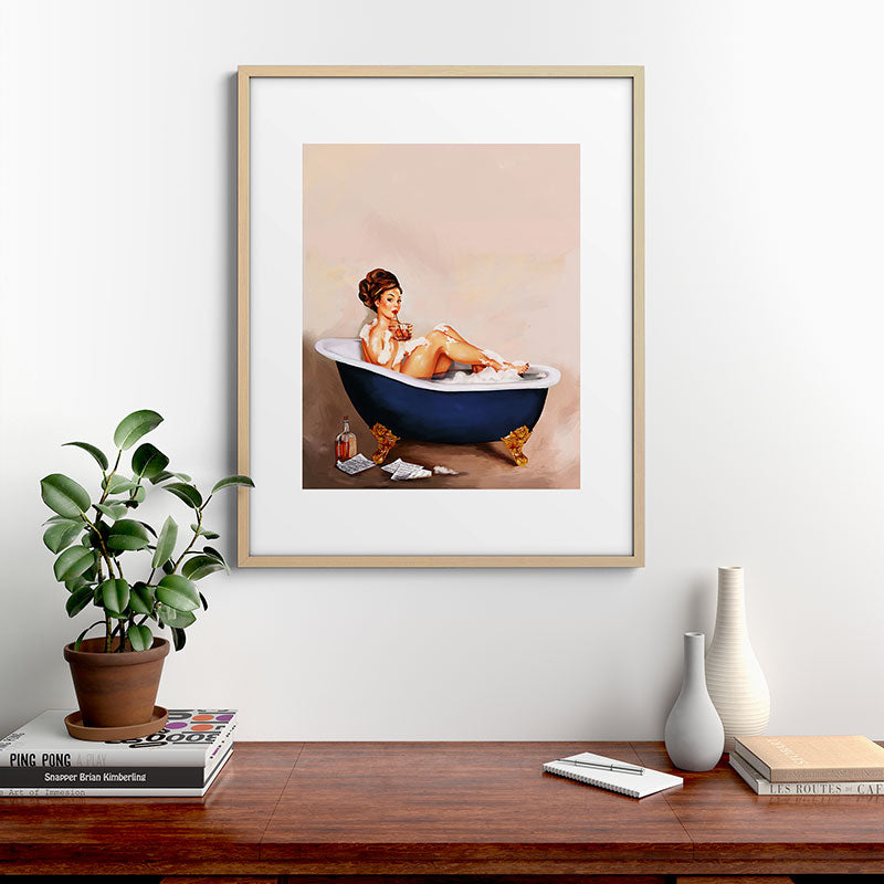 "Bathtub Whiskey" - Cute Vintage Brunette Pinup Girl Soaks & Enjoys A Cocktail. (V.2) Framed Art Print