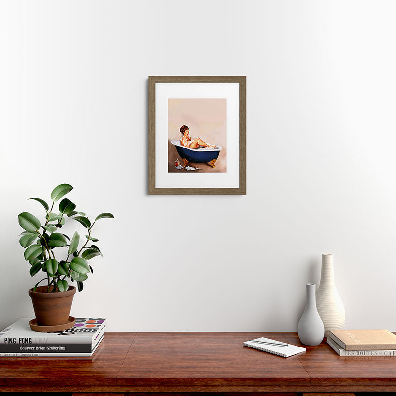 "Bathtub Whiskey" - Cute Vintage Brunette Pinup Girl Soaks & Enjoys A Cocktail. (V.2) Framed Art Print