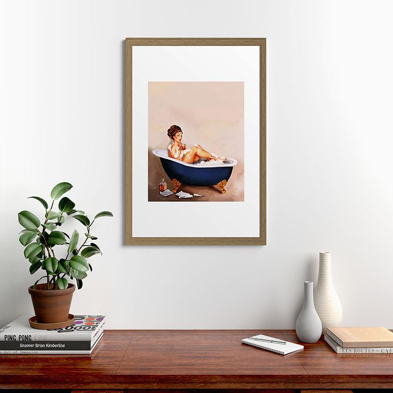 "Bathtub Whiskey" - Cute Vintage Brunette Pinup Girl Soaks & Enjoys A Cocktail. (V.2) Framed Art Print