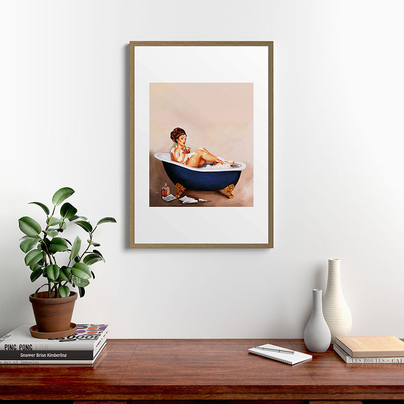 "Bathtub Whiskey" - Cute Vintage Brunette Pinup Girl Soaks & Enjoys A Cocktail. (V.2) Framed Art Print
