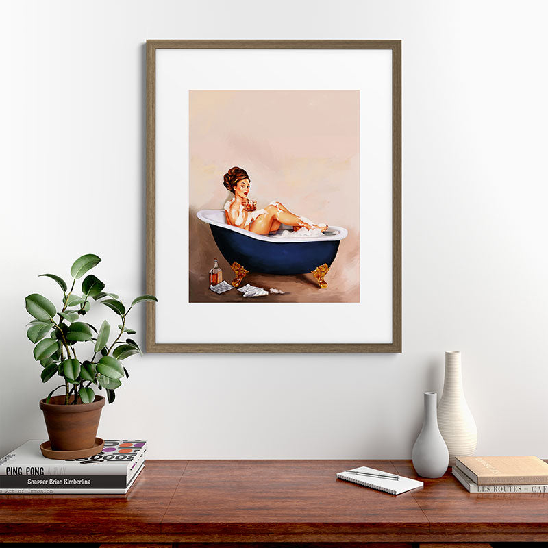 "Bathtub Whiskey" - Cute Vintage Brunette Pinup Girl Soaks & Enjoys A Cocktail. (V.2) Framed Art Print