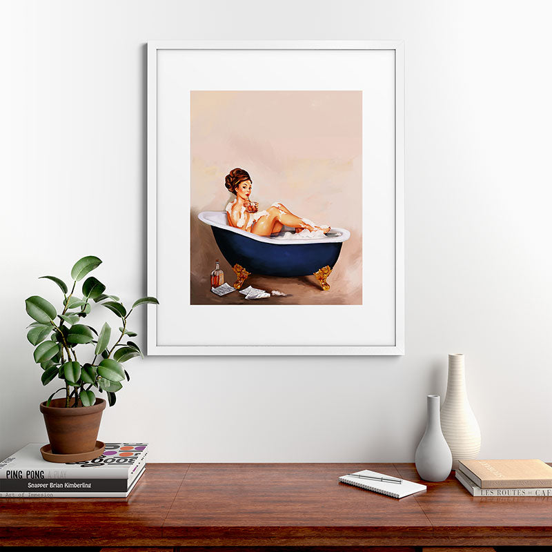 "Bathtub Whiskey" - Cute Vintage Brunette Pinup Girl Soaks & Enjoys A Cocktail. (V.2) Framed Art Print