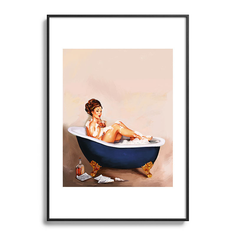 "Bathtub Whiskey" - Cute Vintage Brunette Pinup Girl Soaks & Enjoys A Cocktail. (V.2) Framed Art Print