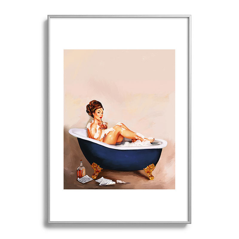 "Bathtub Whiskey" - Cute Vintage Brunette Pinup Girl Soaks & Enjoys A Cocktail. (V.2) Framed Art Print