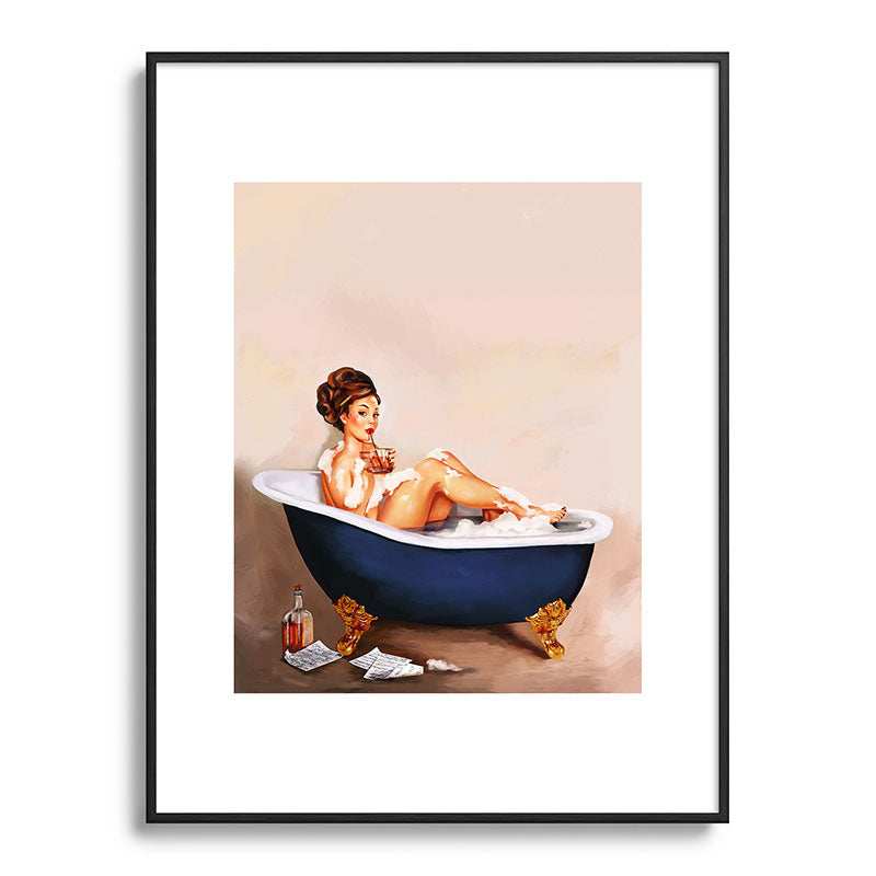 "Bathtub Whiskey" - Cute Vintage Brunette Pinup Girl Soaks & Enjoys A Cocktail. (V.2) Framed Art Print