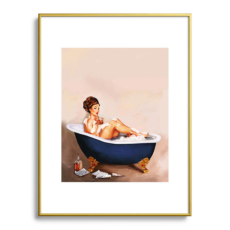 "Bathtub Whiskey" - Cute Vintage Brunette Pinup Girl Soaks & Enjoys A Cocktail. (V.2) Framed Art Print