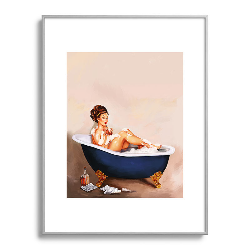 "Bathtub Whiskey" - Cute Vintage Brunette Pinup Girl Soaks & Enjoys A Cocktail. (V.2) Framed Art Print