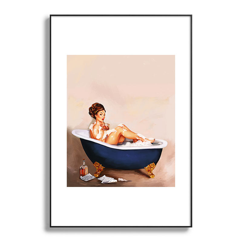 "Bathtub Whiskey" - Cute Vintage Brunette Pinup Girl Soaks & Enjoys A Cocktail. (V.2) Framed Art Print
