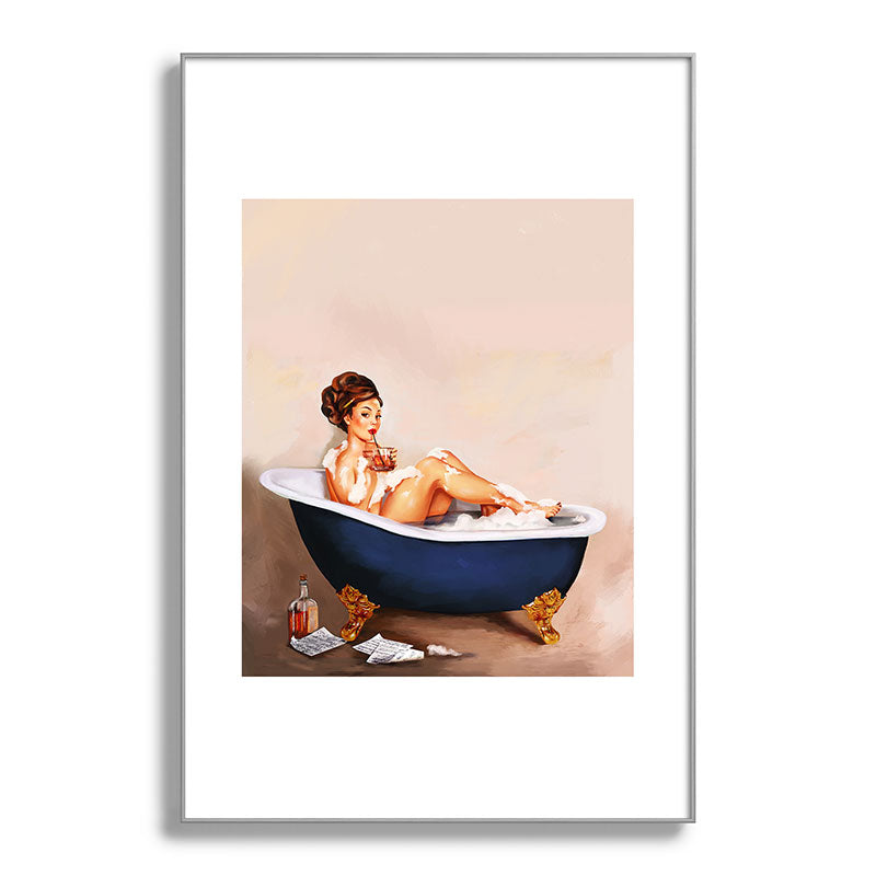 "Bathtub Whiskey" - Cute Vintage Brunette Pinup Girl Soaks & Enjoys A Cocktail. (V.2) Framed Art Print