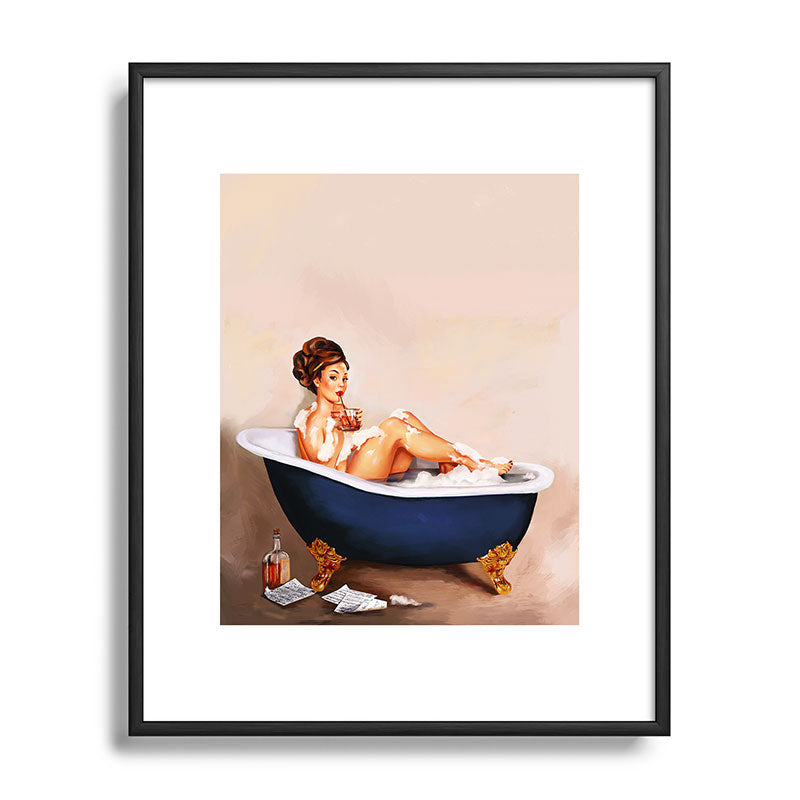 "Bathtub Whiskey" - Cute Vintage Brunette Pinup Girl Soaks & Enjoys A Cocktail. (V.2) Framed Art Print