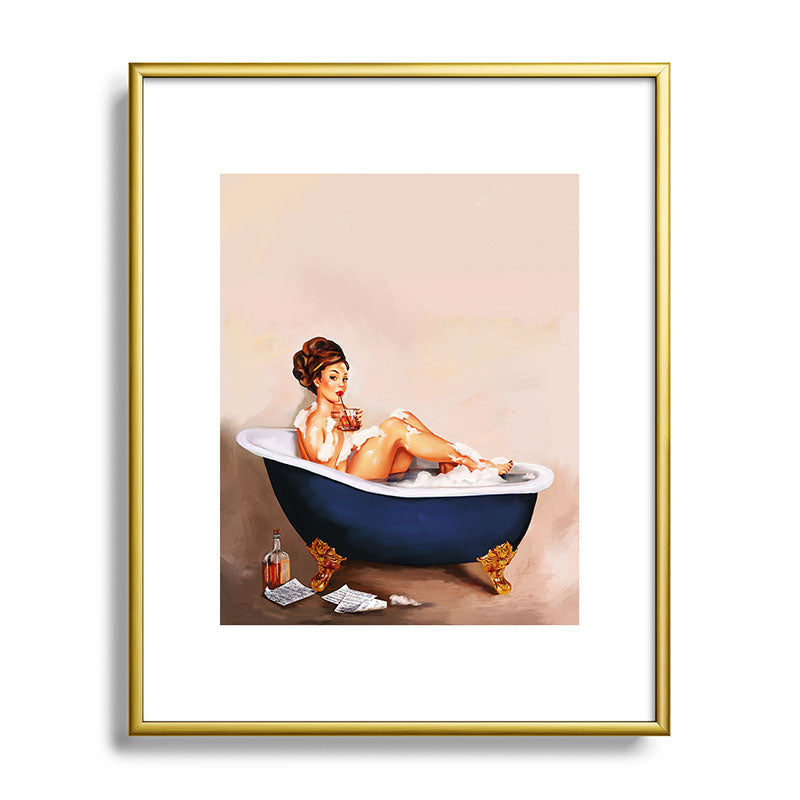 "Bathtub Whiskey" - Cute Vintage Brunette Pinup Girl Soaks & Enjoys A Cocktail. (V.2) Framed Art Print