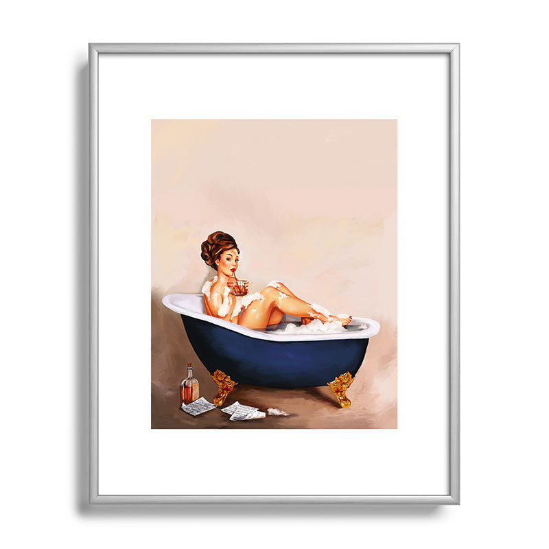 "Bathtub Whiskey" - Cute Vintage Brunette Pinup Girl Soaks & Enjoys A Cocktail. (V.2) Framed Art Print