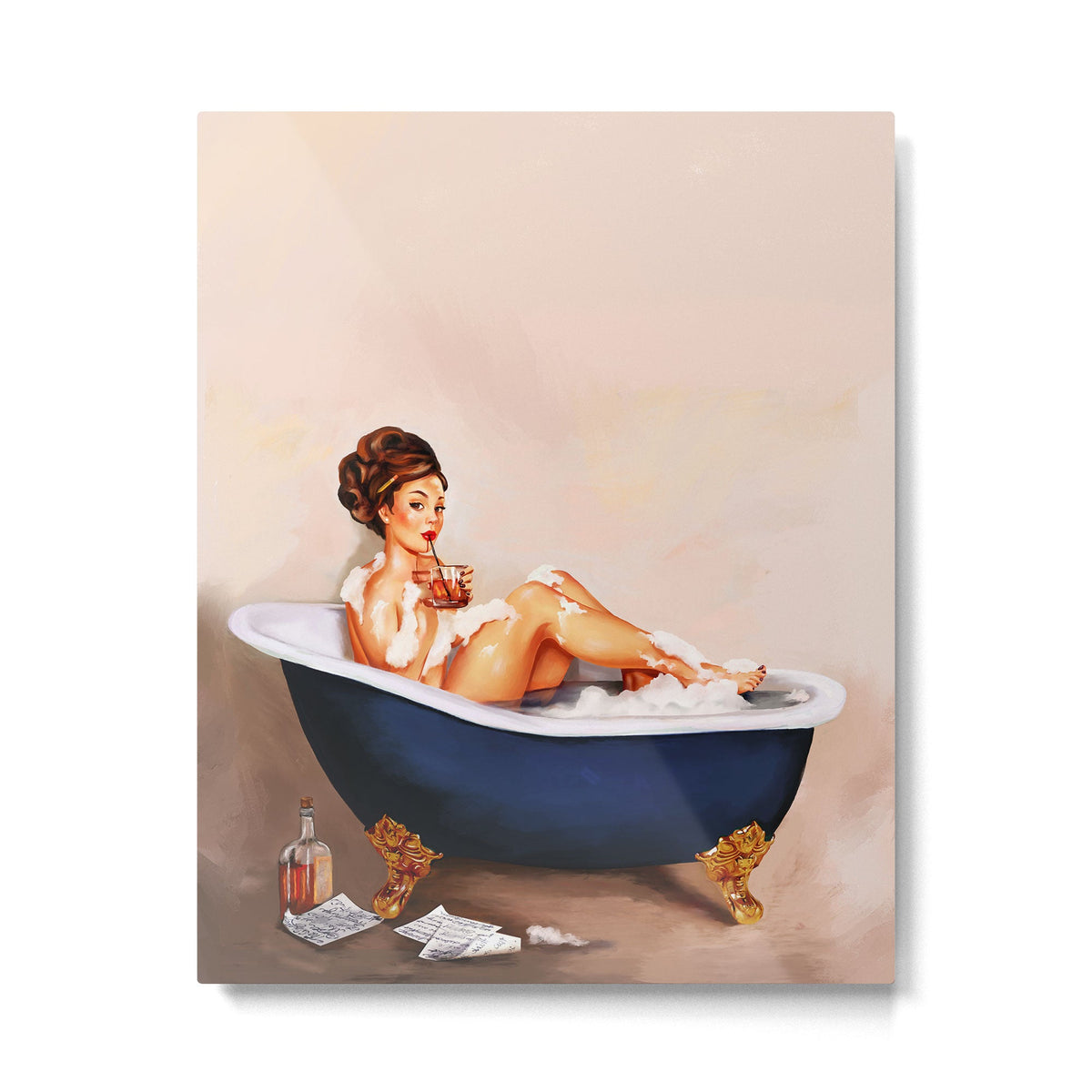 "Bathtub Whiskey" - Cute Vintage Brunette Pinup Girl Soaks & Enjoys A Cocktail. (V.2) Metal Print