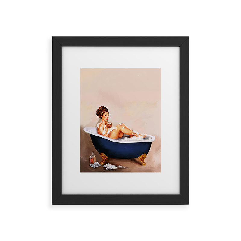 "Bathtub Whiskey" - Cute Vintage Brunette Pinup Girl Soaks & Enjoys A Cocktail. (V.2) Framed Art Print