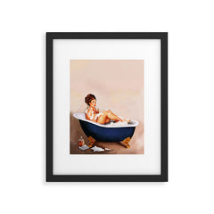 "Bathtub Whiskey" - Cute Vintage Brunette Pinup Girl Soaks & Enjoys A Cocktail. (V.2) Framed Art Print