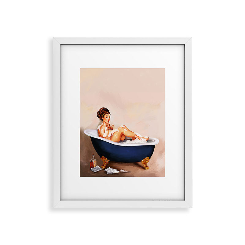 "Bathtub Whiskey" - Cute Vintage Brunette Pinup Girl Soaks & Enjoys A Cocktail. (V.2) Framed Art Print