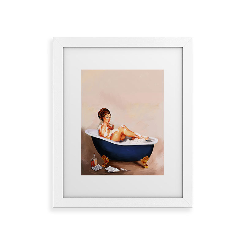 "Bathtub Whiskey" - Cute Vintage Brunette Pinup Girl Soaks & Enjoys A Cocktail. (V.2) Framed Art Print