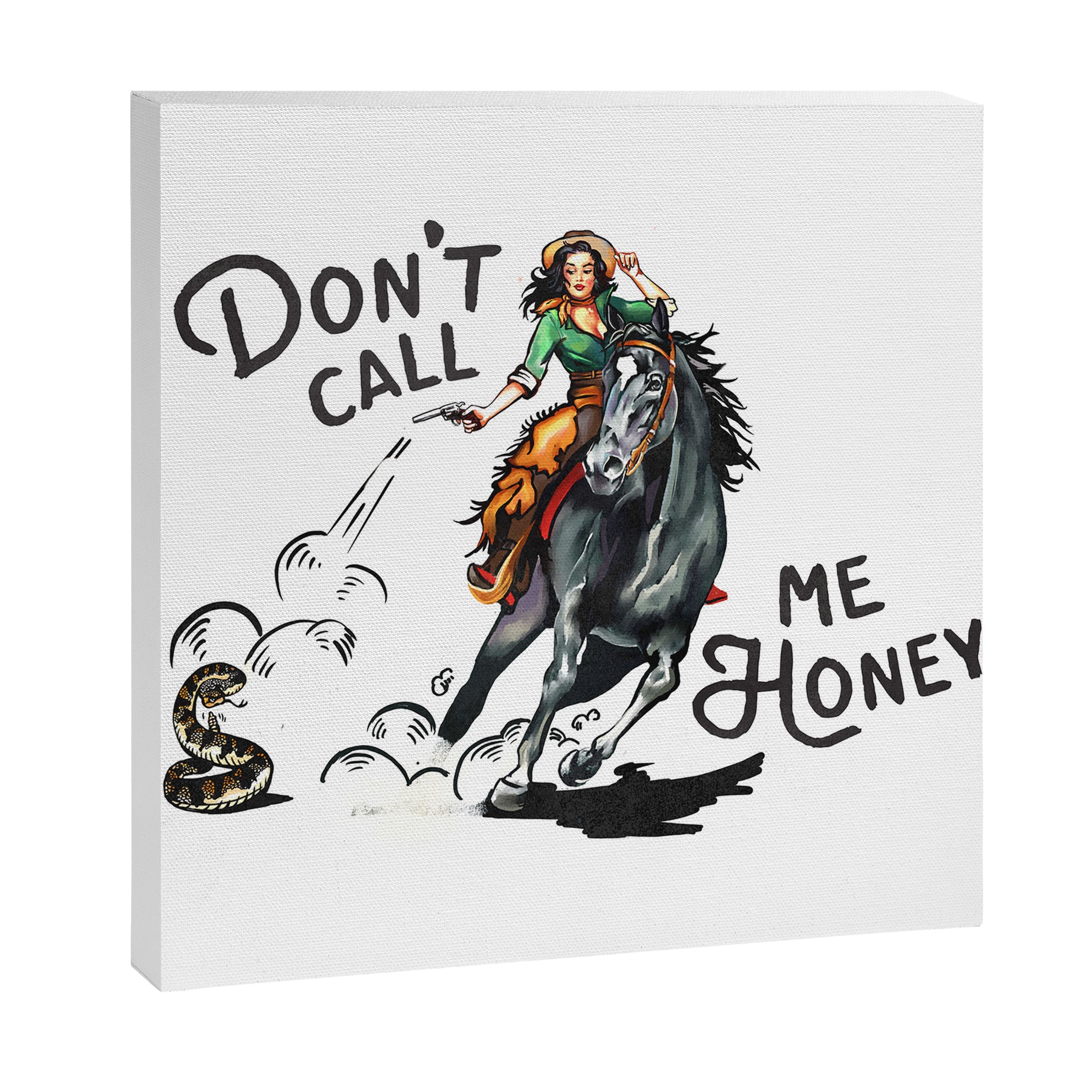 "Don't Call Me Honey" Cowgirl On Horseback Shooting a Rattlesnake Canvas Print