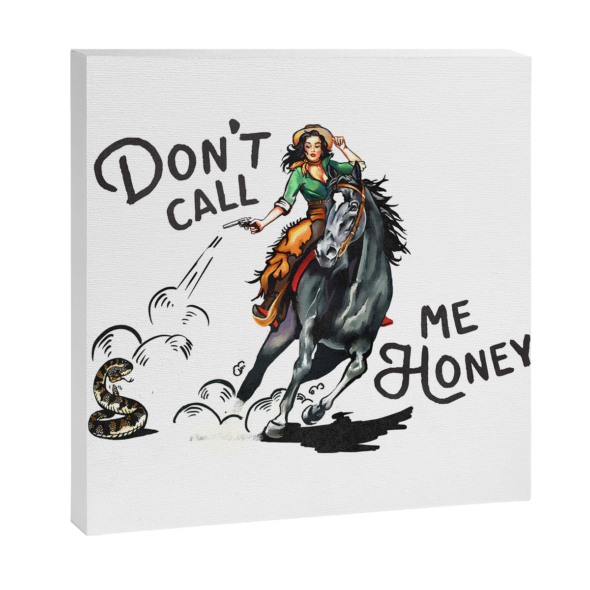 "Don't Call Me Honey" Cowgirl On Horseback Shooting a Rattlesnake Canvas Print