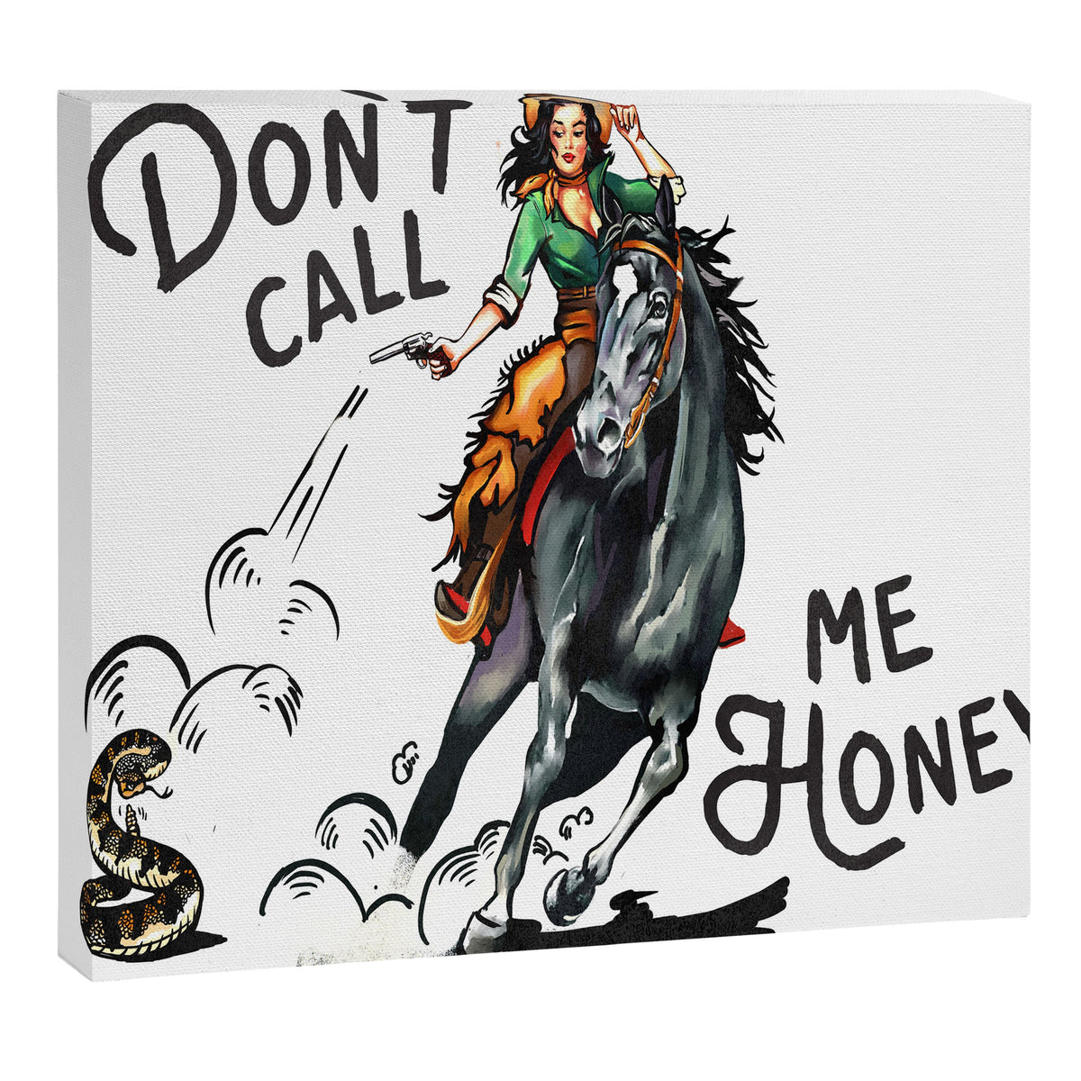 "Don't Call Me Honey" Cowgirl On Horseback Shooting a Rattlesnake Canvas Print