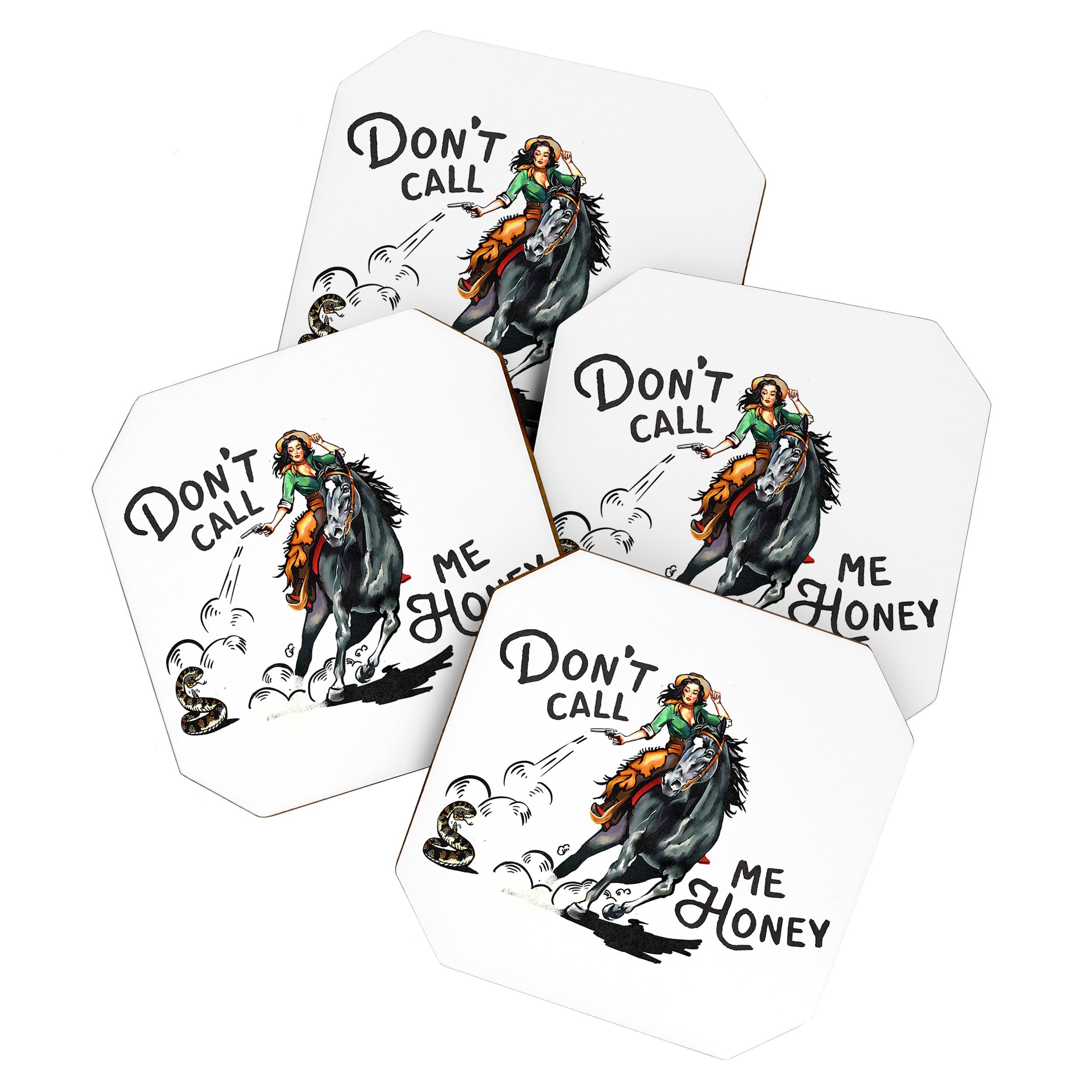 "Don't Call Me Honey" Cowgirl On Horseback Shooting a Rattlesnake Coaster