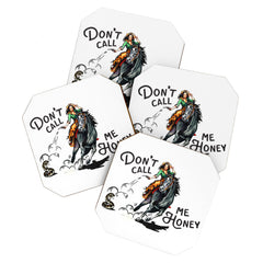 "Don't Call Me Honey" Cowgirl On Horseback Shooting a Rattlesnake Coaster