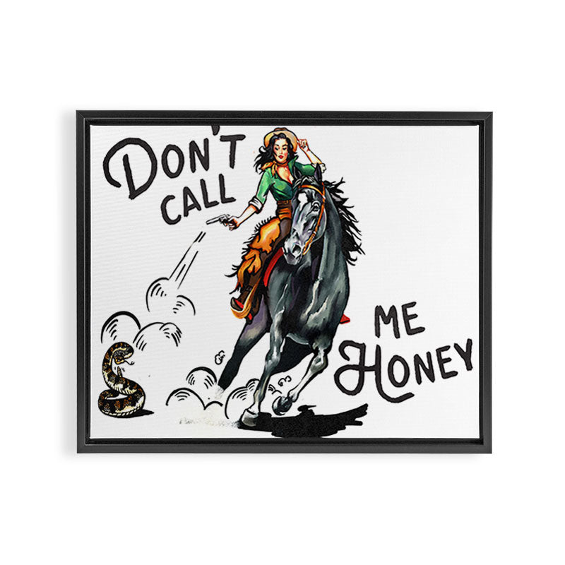 "Don't Call Me Honey" Cowgirl On Horseback Shooting a Rattlesnake Framed Canvas Print