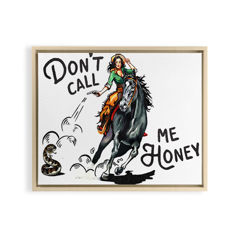 "Don't Call Me Honey" Cowgirl On Horseback Shooting a Rattlesnake Framed Canvas Print