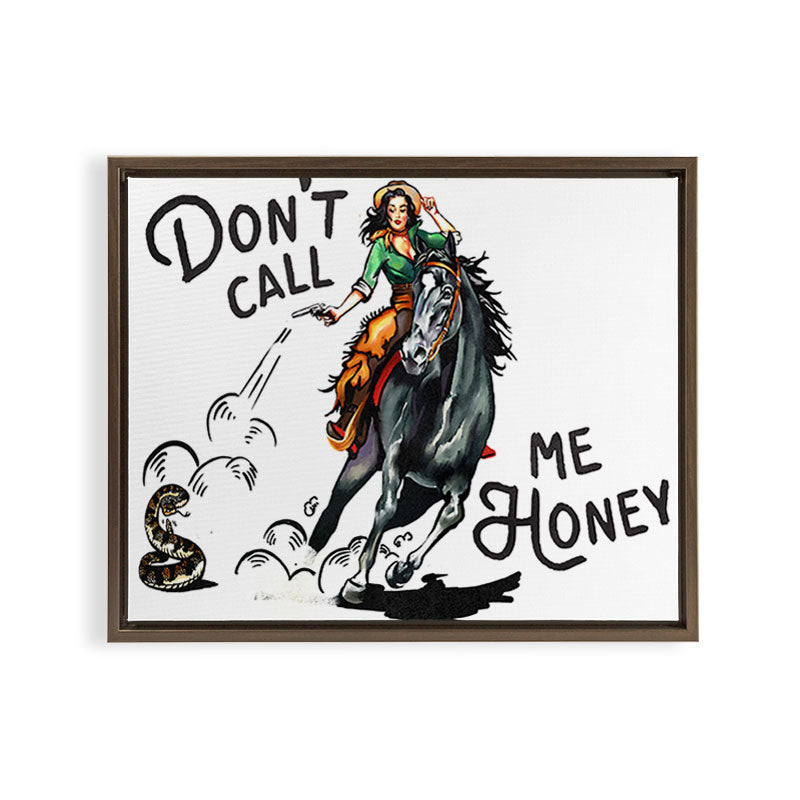 "Don't Call Me Honey" Cowgirl On Horseback Shooting a Rattlesnake Framed Canvas Print