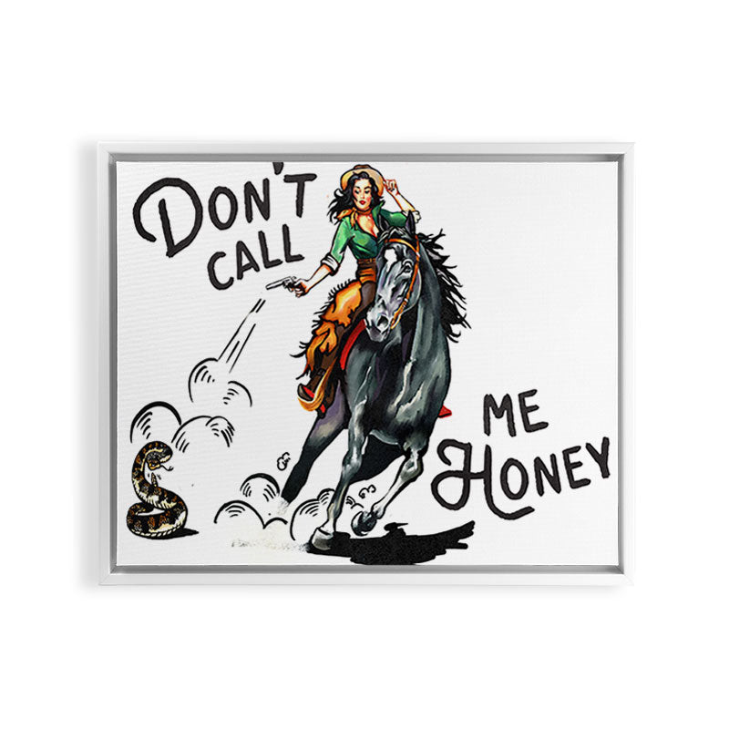 "Don't Call Me Honey" Cowgirl On Horseback Shooting a Rattlesnake Framed Canvas Print