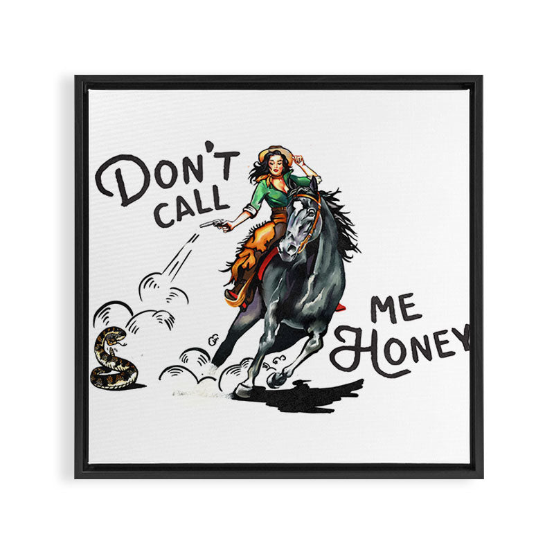 "Don't Call Me Honey" Cowgirl On Horseback Shooting a Rattlesnake Framed Canvas Print