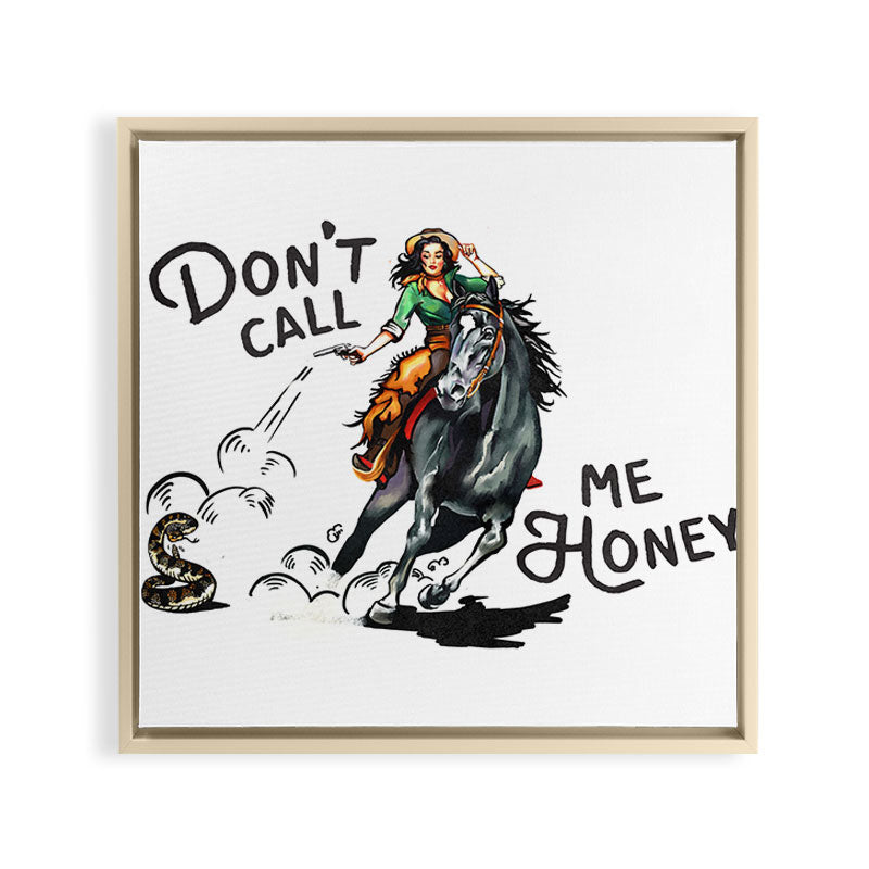 "Don't Call Me Honey" Cowgirl On Horseback Shooting a Rattlesnake Framed Canvas Print