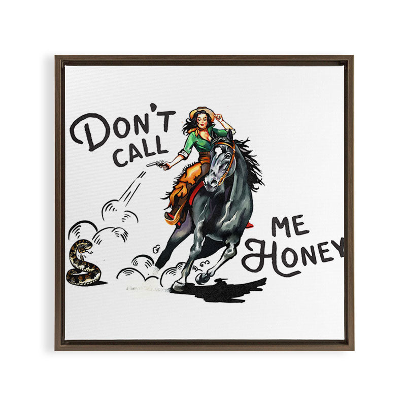 "Don't Call Me Honey" Cowgirl On Horseback Shooting a Rattlesnake Framed Canvas Print