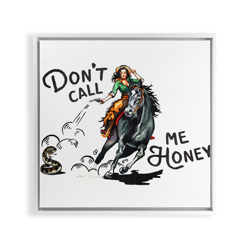 "Don't Call Me Honey" Cowgirl On Horseback Shooting a Rattlesnake Framed Canvas Print