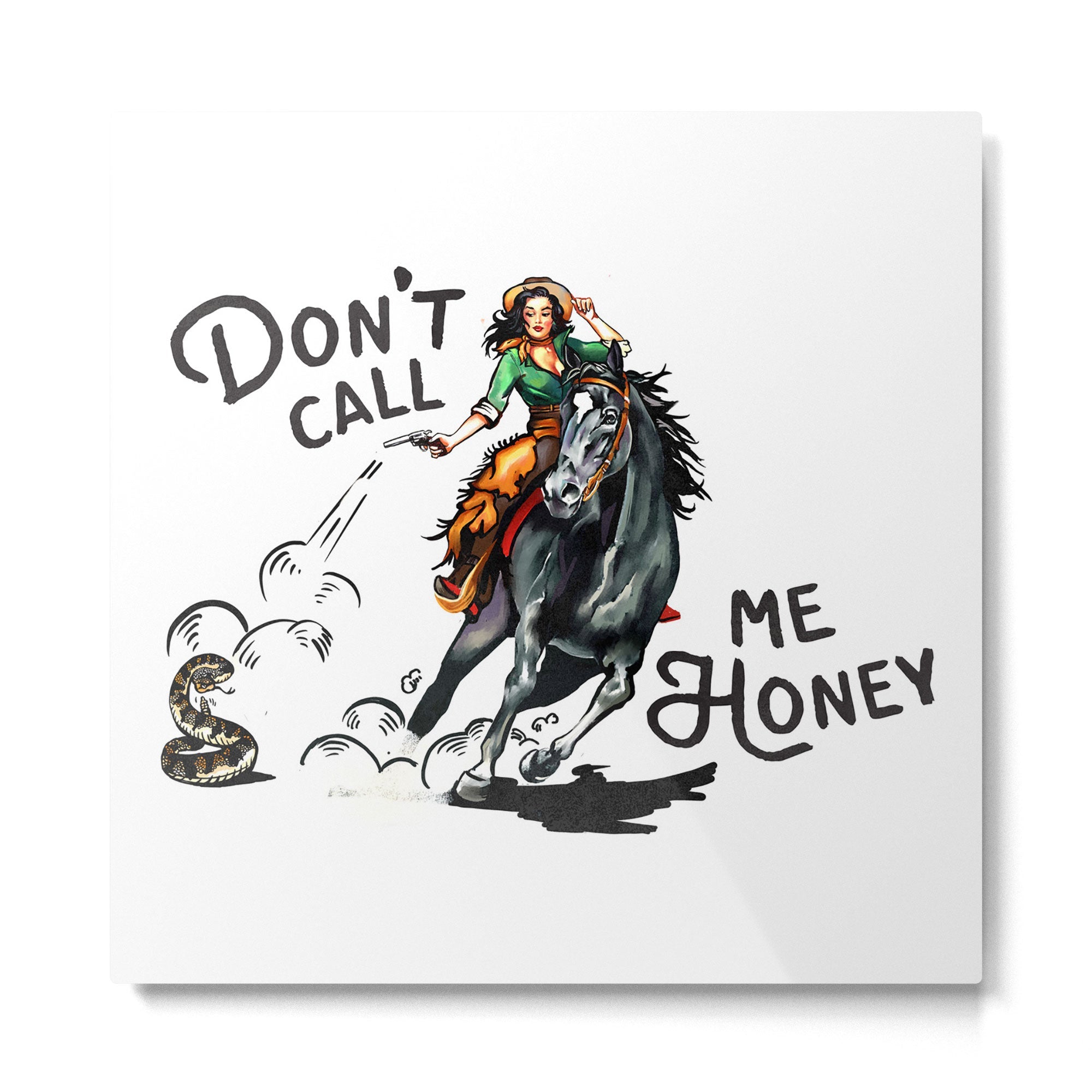 "Don't Call Me Honey" Cowgirl On Horseback Shooting a Rattlesnake Metal Print