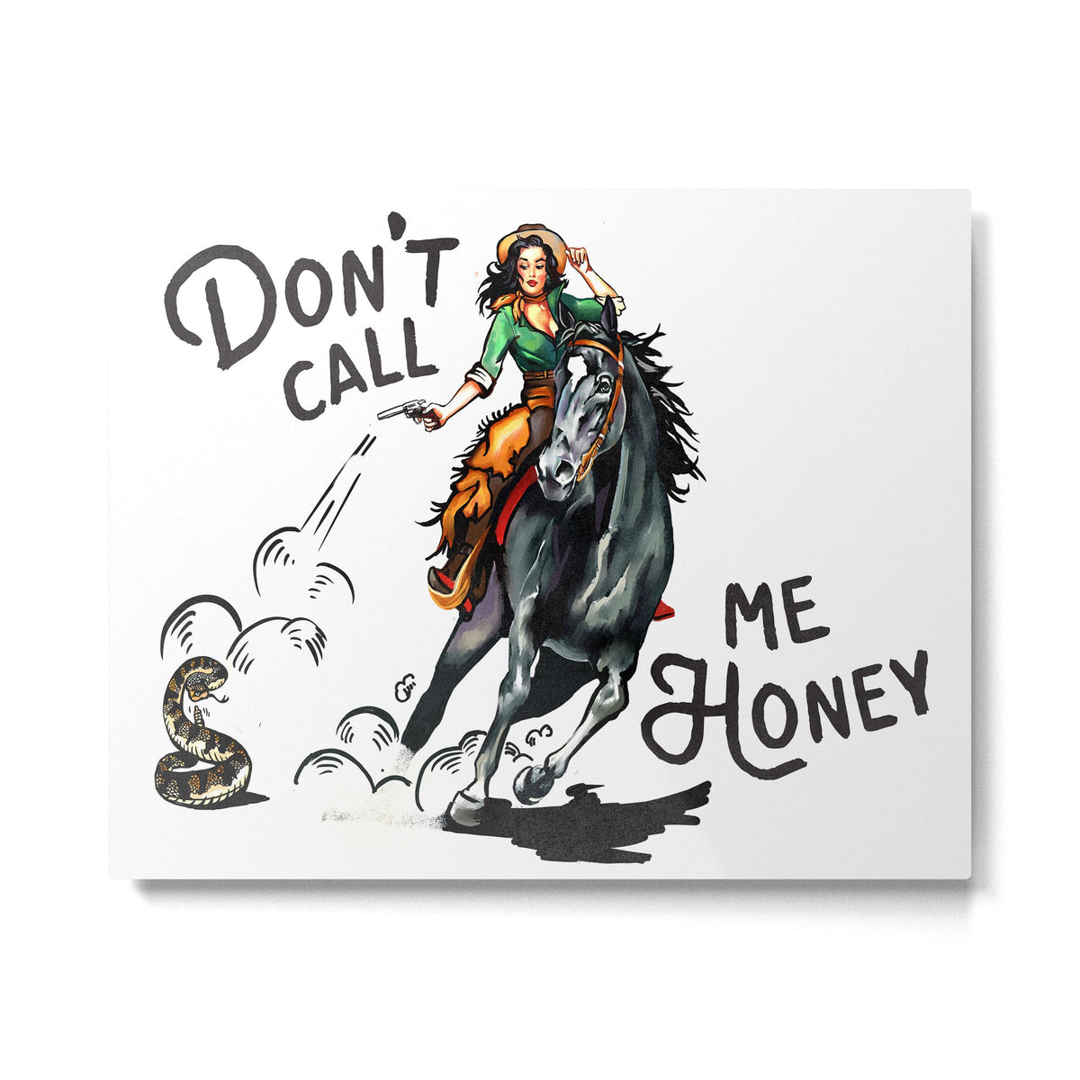 "Don't Call Me Honey" Cowgirl On Horseback Shooting a Rattlesnake Metal Print