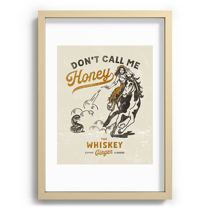 "Don't Call Me Honey" Retro Pinup Cowgirl On Horseback Shooting A Snake V.2 Framed Art Print