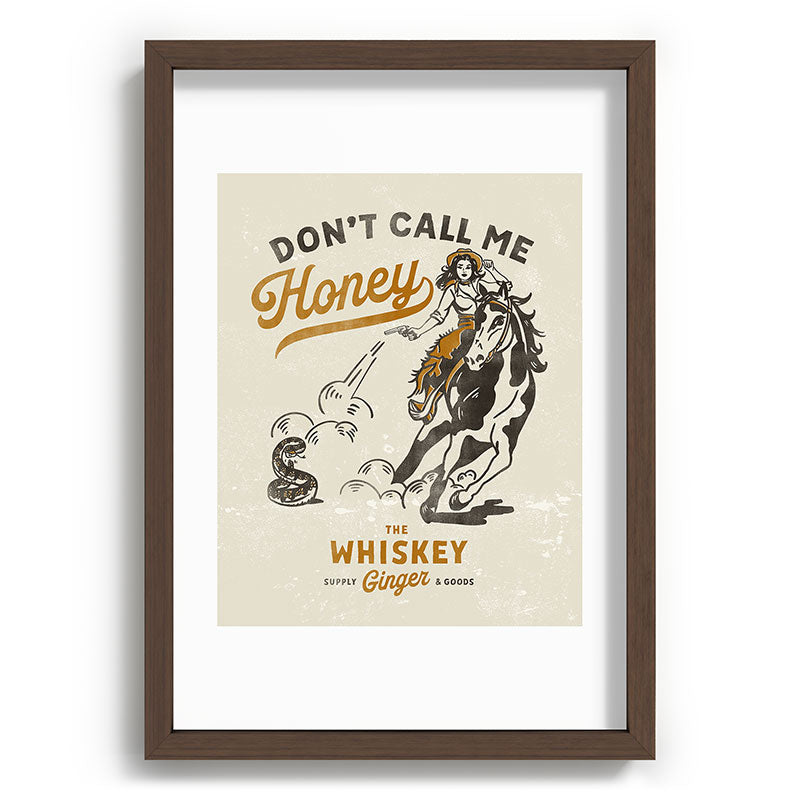 "Don't Call Me Honey" Retro Pinup Cowgirl On Horseback Shooting A Snake V.2 Framed Art Print