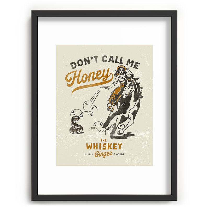 "Don't Call Me Honey" Retro Pinup Cowgirl On Horseback Shooting A Snake V.2 Framed Art Print