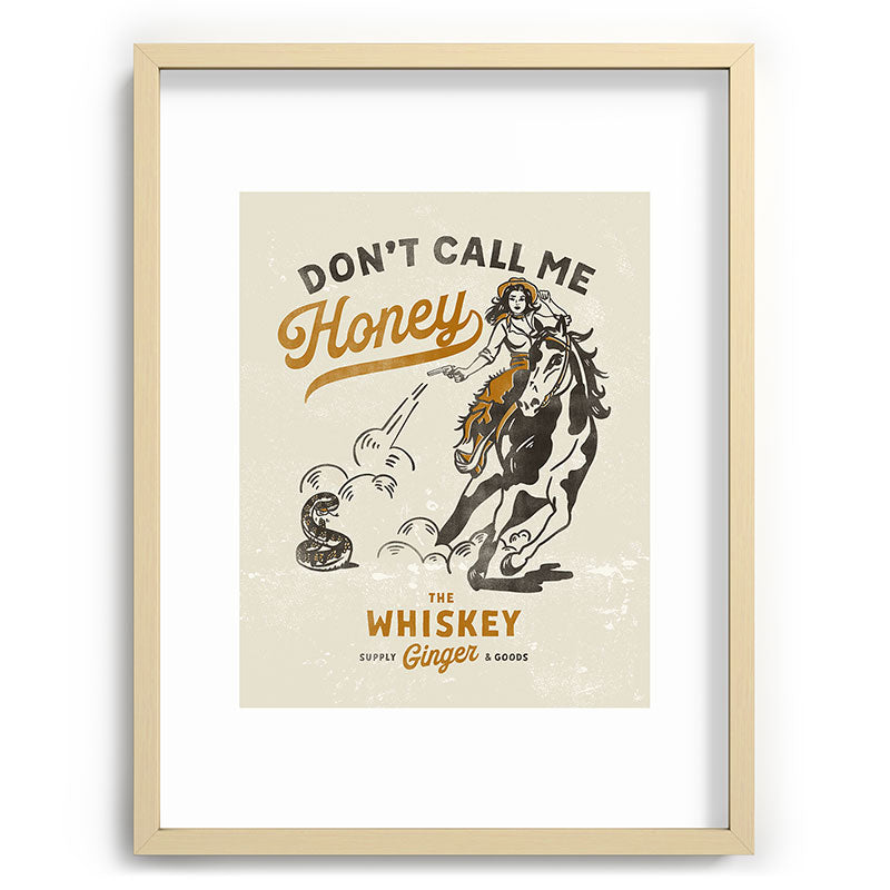 "Don't Call Me Honey" Retro Pinup Cowgirl On Horseback Shooting A Snake V.2 Framed Art Print