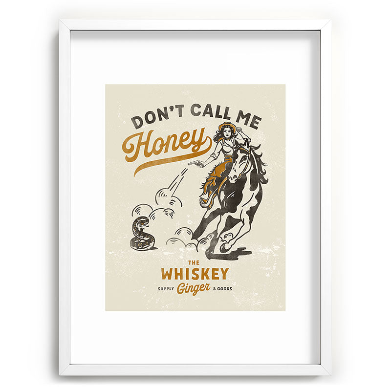 "Don't Call Me Honey" Retro Pinup Cowgirl On Horseback Shooting A Snake V.2 Framed Art Print