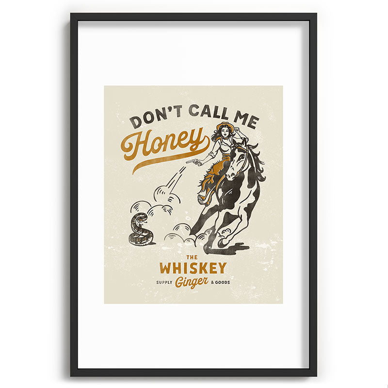"Don't Call Me Honey" Retro Pinup Cowgirl On Horseback Shooting A Snake V.2 Framed Art Print