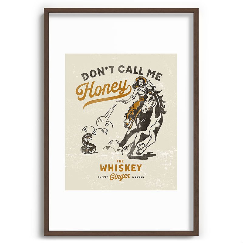 "Don't Call Me Honey" Retro Pinup Cowgirl On Horseback Shooting A Snake V.2 Framed Art Print