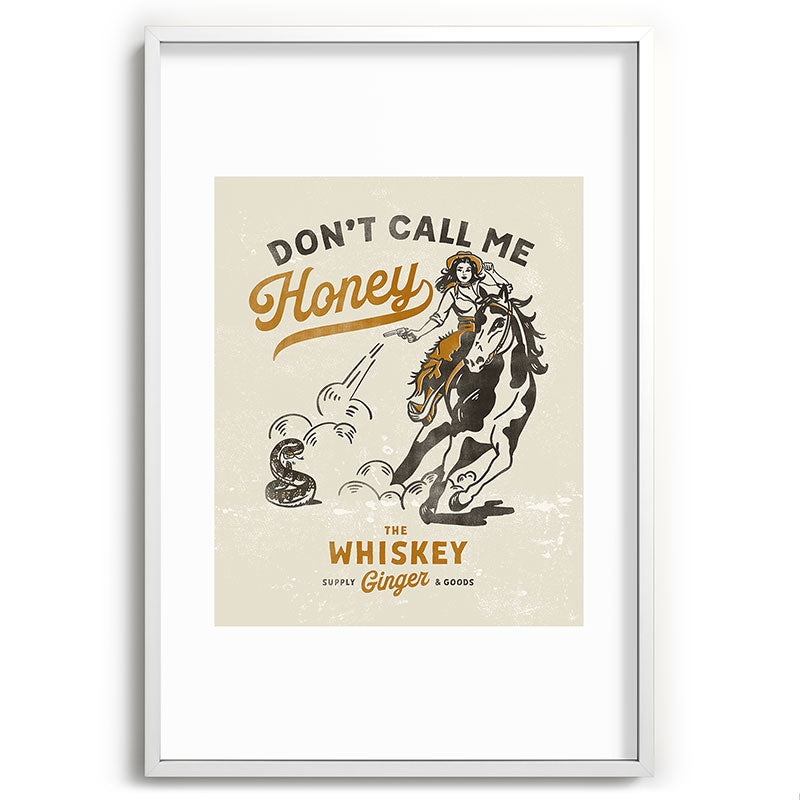 "Don't Call Me Honey" Retro Pinup Cowgirl On Horseback Shooting A Snake V.2 Framed Art Print
