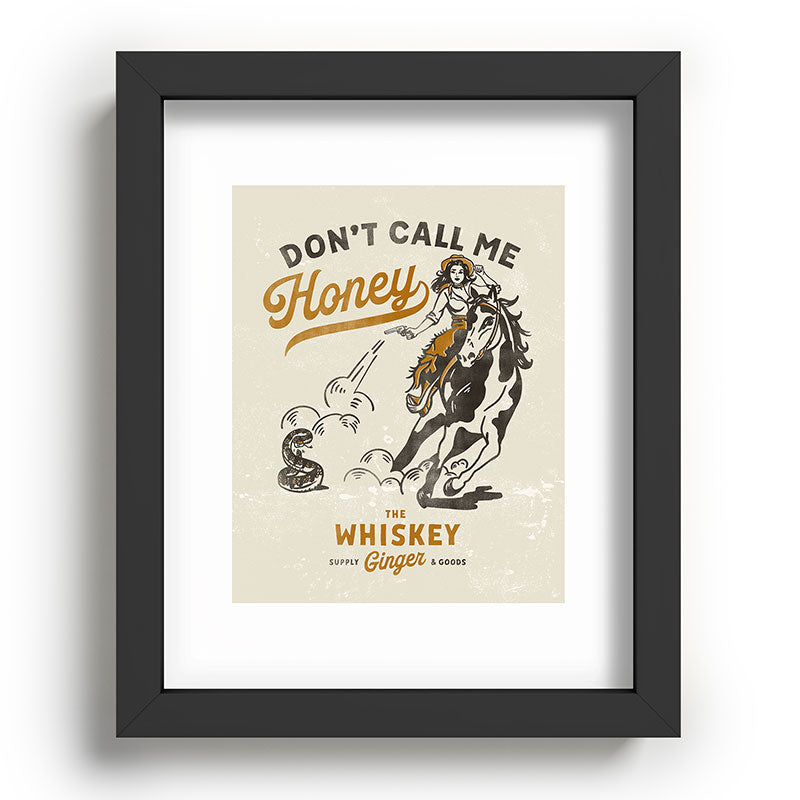 "Don't Call Me Honey" Retro Pinup Cowgirl On Horseback Shooting A Snake V.2 Framed Art Print