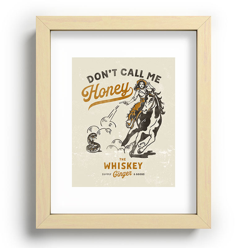 "Don't Call Me Honey" Retro Pinup Cowgirl On Horseback Shooting A Snake V.2 Framed Art Print