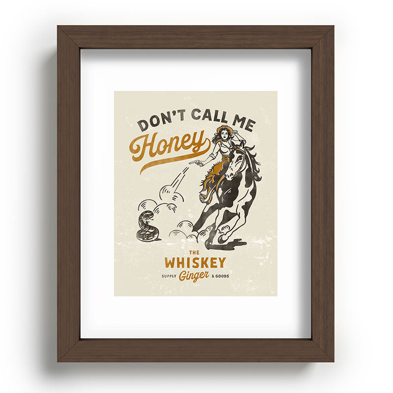 "Don't Call Me Honey" Retro Pinup Cowgirl On Horseback Shooting A Snake V.2 Framed Art Print