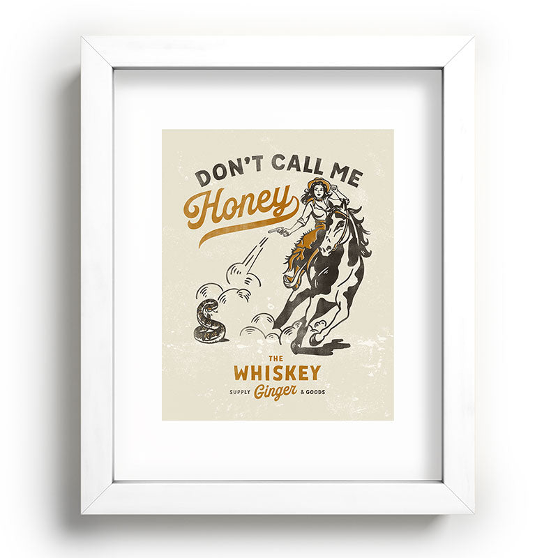 "Don't Call Me Honey" Retro Pinup Cowgirl On Horseback Shooting A Snake V.2 Framed Art Print