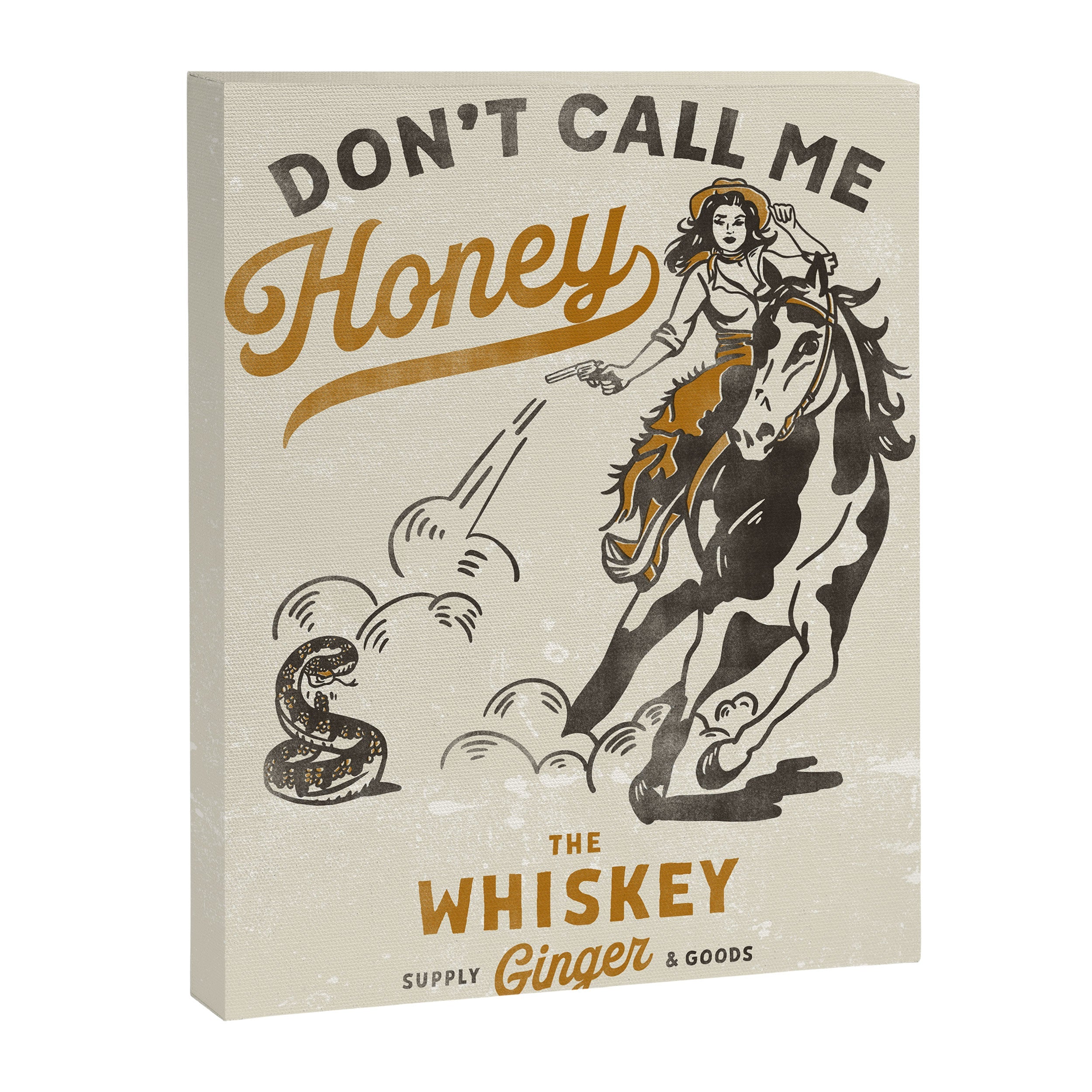 "Don't Call Me Honey" Retro Pinup Cowgirl On Horseback Shooting A Snake V.2 Canvas Print