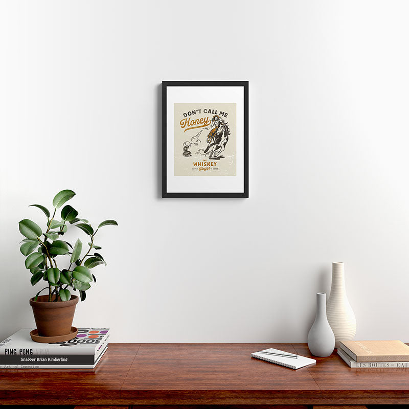"Don't Call Me Honey" Retro Pinup Cowgirl On Horseback Shooting A Snake V.2 Framed Art Print